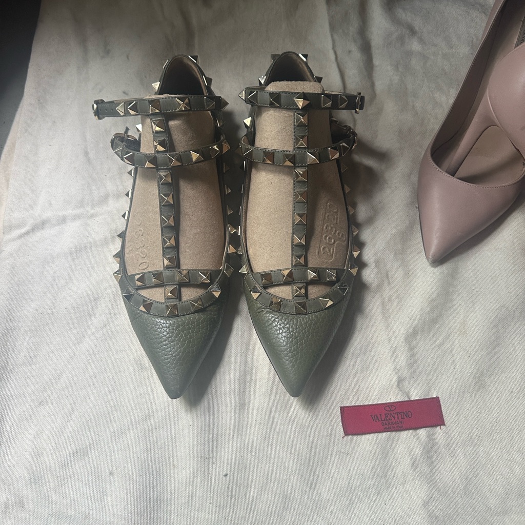 Valentino Olive And Beige Studded Flats